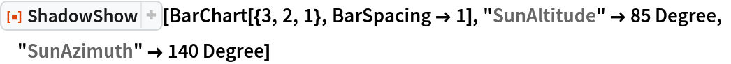 ResourceFunction["ShadowShow"][BarChart[{3, 2, 1}, BarSpacing -> 1], "SunAltitude" -> 85 Degree, "SunAzimuth" -> 140 Degree]