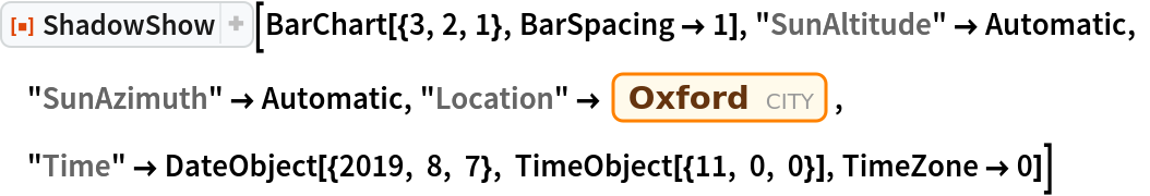 ResourceFunction["ShadowShow"][BarChart[{3, 2, 1}, BarSpacing -> 1], "SunAltitude" -> Automatic, "SunAzimuth" -> Automatic, "Location" -> Entity["City", {"Oxford", "Oxfordshire", "UnitedKingdom"}], "Time" -> DateObject[{2019, 8, 7}, TimeObject[{11, 0, 0}], TimeZone -> 0]]