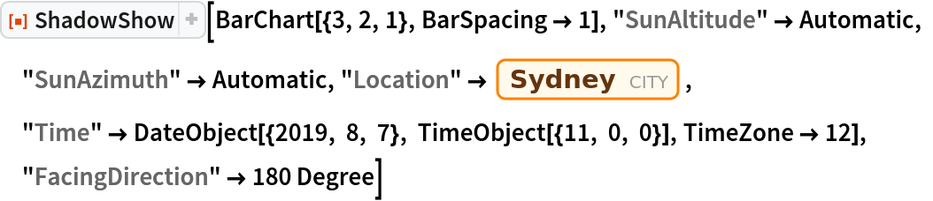 ResourceFunction["ShadowShow"][BarChart[{3, 2, 1}, BarSpacing -> 1], "SunAltitude" -> Automatic, "SunAzimuth" -> Automatic, "Location" -> Entity["City", {"Sydney", "NewSouthWales", "Australia"}], "Time" -> DateObject[{2019, 8, 7}, TimeObject[{11, 0, 0}], TimeZone -> 12],
 "FacingDirection" -> 180 Degree]