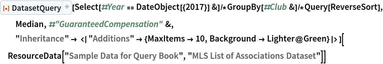 ResourceFunction[
ResourceObject[<|"Name" -> "DatasetQuery", "ShortName" -> "DatasetQuery", "UUID" -> "d0240069-0a8f-4db5-a5d5-59d0387d154f", "ResourceType" -> "Function", "Version" -> "1.0.0", "Description" -> "A version of Query that maintains the options of a Dataset", "RepositoryLocation" -> URL[
      "https://www.wolframcloud.com/obj/resourcesystem/api/1.0"], "SymbolName" -> "FunctionRepository`$11cea570bf924ec8b429cafc7ec45d64`DatasetQuery", "FunctionLocation" -> CloudObject[
      "https://www.wolframcloud.com/obj/d92d0c48-e878-4004-bf82-a5418de72a7d"]|>, ResourceSystemBase -> Automatic]][
  Select[#Year == DateObject[{2017}] &]/*GroupBy[#Club &]/*
   Query[ReverseSort], Median, #"GuaranteedCompensation" &, "Inheritance" -> <|"Additions" -> {MaxItems -> 10, Background -> Lighter@Green}|>][
 ResourceData["Sample Data for Query Book", "MLS List of Associations Dataset"]]