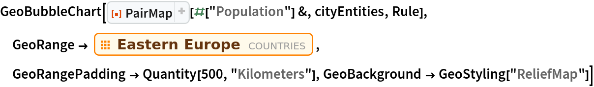 GeoBubbleChart[ResourceFunction[
ResourceObject[<|"Name" -> "PairMap", "ShortName" -> "PairMap", "UUID" -> "87f7da87-fdae-4ad1-b9d2-29f9d7301b45", "ResourceType" -> "Function", "Version" -> "1.0.0", "Description" -> "Map a function to pairs formed from a list and another function", "RepositoryLocation" -> URL[
      "https://www.wolframcloud.com/obj/resourcesystem/api/1.0"], "SymbolName" -> "FunctionRepository`$5102f3194eac409286d2e9feed3857c1`PairMap", "FunctionLocation" -> CloudObject[
      "https://www.wolframcloud.com/obj/cc05e3d5-ab17-4abb-8fc5-250eb95b9ae6"]|>, ResourceSystemBase -> Automatic]][#["Population"] &,
   cityEntities, Rule], GeoRange -> EntityClass["Country", "EasternEurope"], GeoRangePadding -> Quantity[500, "Kilometers"], GeoBackground -> GeoStyling["ReliefMap"]]