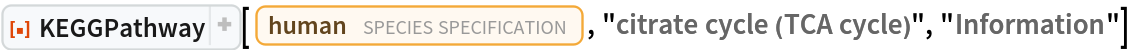 ResourceFunction[
 "KEGGPathway", ResourceSystemBase -> "https://www.wolframcloud.com/obj/resourcesystem/api/1.0"][
 Entity["TaxonomicSpecies", "HomoSapiens::4pydj"], "citrate cycle (TCA cycle)", "Information"]