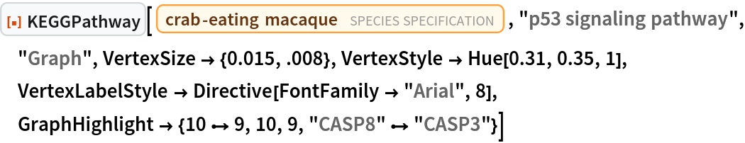 ResourceFunction["KEGGPathway"][
 Entity["TaxonomicSpecies", "MacacaFascicularis::3cnwm"], "p53 signaling pathway", "Graph", VertexSize -> {0.015, .008}, VertexStyle -> Hue[0.31, 0.35, 1], VertexLabelStyle -> Directive[FontFamily -> "Arial", 8], GraphHighlight -> {10 \[DirectedEdge] 9, 10, 9, "CASP8" \[DirectedEdge] "CASP3"}]