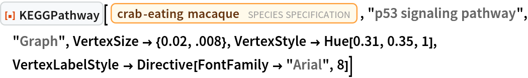 ResourceFunction["KEGGPathway"][
 Entity["TaxonomicSpecies", "MacacaFascicularis::3cnwm"], "p53 signaling pathway", "Graph", VertexSize -> {0.02, .008}, VertexStyle -> Hue[0.31, 0.35, 1], VertexLabelStyle -> Directive[FontFamily -> "Arial", 8]]