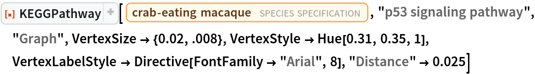 ResourceFunction["KEGGPathway"][
 Entity["TaxonomicSpecies", "MacacaFascicularis::3cnwm"], "p53 signaling pathway", "Graph", VertexSize -> {0.02, .008}, VertexStyle -> Hue[0.31, 0.35, 1], VertexLabelStyle -> Directive[FontFamily -> "Arial", 8], "Distance" -> 0.025]