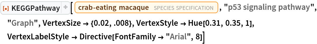 ResourceFunction["KEGGPathway"][
 Entity["TaxonomicSpecies", "MacacaFascicularis::3cnwm"], "p53 signaling pathway", "Graph", VertexSize -> {0.02, .008}, VertexStyle -> Hue[0.31, 0.35, 1], VertexLabelStyle -> Directive[FontFamily -> "Arial", 8]]