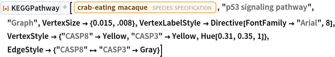 ResourceFunction["KEGGPathway"][
 Entity["TaxonomicSpecies", "MacacaFascicularis::3cnwm"], "p53 signaling pathway", "Graph", VertexSize -> {0.015, .008}, VertexLabelStyle -> Directive[FontFamily -> "Arial", 8], VertexStyle -> {"CASP8" -> Yellow, "CASP3" -> Yellow, Hue[0.31, 0.35, 1]}, EdgeStyle -> {"CASP8" \[DirectedEdge] "CASP3" -> Gray}]