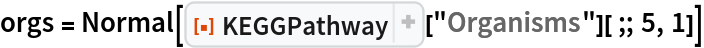 orgs = Normal[
  ResourceFunction[
    "KEGGPathway", ResourceSystemBase -> "https://www.wolframcloud.com/obj/resourcesystem/api/1.0"]["Organisms"][;; 5, 1]]