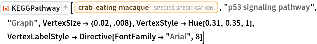 ResourceFunction[
 "KEGGPathway", ResourceSystemBase -> "https://www.wolframcloud.com/obj/resourcesystem/api/1.0"][
 Entity["TaxonomicSpecies", "MacacaFascicularis::3cnwm"], "p53 signaling pathway", "Graph", VertexSize -> {0.02, .008}, VertexStyle -> Hue[0.31, 0.35, 1], VertexLabelStyle -> Directive[FontFamily -> "Arial", 8]]