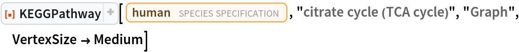 ResourceFunction[
 "KEGGPathway", ResourceSystemBase -> "https://www.wolframcloud.com/obj/resourcesystem/api/1.0"][
 Entity["TaxonomicSpecies", "HomoSapiens::4pydj"], "citrate cycle (TCA cycle)", "Graph", VertexSize -> Medium]