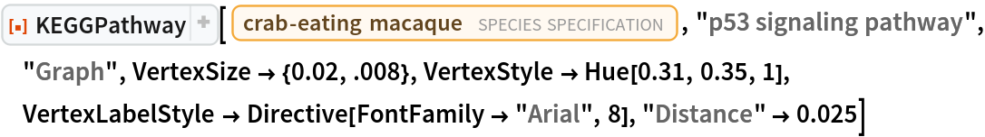 ResourceFunction[
 "KEGGPathway", ResourceSystemBase -> "https://www.wolframcloud.com/obj/resourcesystem/api/1.0"][
 Entity["TaxonomicSpecies", "MacacaFascicularis::3cnwm"], "p53 signaling pathway", "Graph", VertexSize -> {0.02, .008}, VertexStyle -> Hue[0.31, 0.35, 1], VertexLabelStyle -> Directive[FontFamily -> "Arial", 8], "Distance" -> 0.025]