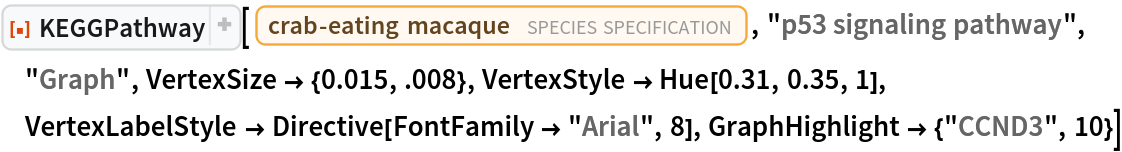 ResourceFunction[
 "KEGGPathway", ResourceSystemBase -> "https://www.wolframcloud.com/obj/resourcesystem/api/1.0"][
 Entity["TaxonomicSpecies", "MacacaFascicularis::3cnwm"], "p53 signaling pathway", "Graph", VertexSize -> {0.015, .008}, VertexStyle -> Hue[0.31, 0.35, 1], VertexLabelStyle -> Directive[FontFamily -> "Arial", 8], GraphHighlight -> {"CCND3", 10}]