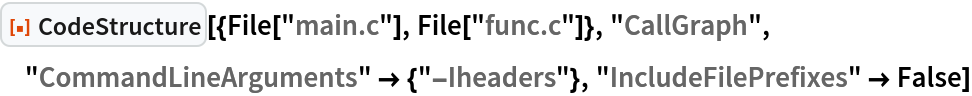 ResourceFunction["CodeStructure", ResourceVersion->"1.0.1"][{File["main.c"], File["func.c"]}, "CallGraph", "CommandLineArguments" -> {"-Iheaders"}, "IncludeFilePrefixes" -> False]