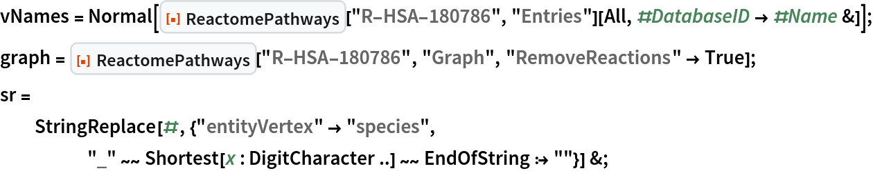 vNames = Normal[ResourceFunction["ReactomePathways"]["R-HSA-180786", "Entries"][All, #DatabaseID -> #Name &]];
graph = ResourceFunction["ReactomePathways"]["R-HSA-180786", "Graph", "RemoveReactions" -> True];
sr = StringReplace[#, {"entityVertex" -> "species", "_" ~~ Shortest[x : DigitCharacter ..] ~~ EndOfString :> ""}] &;