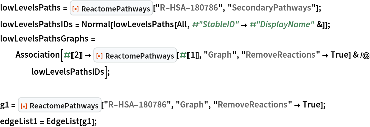 lowLevelsPaths = ResourceFunction["ReactomePathways"]["R-HSA-180786", "SecondaryPathways"];
lowLevelsPathsIDs = Normal[lowLevelsPaths[All, #"StableID" -> #"DisplayName" &]];
lowLevelsPathsGraphs = Association[#[[2]] -> ResourceFunction["ReactomePathways"][#[[1]], "Graph", "RemoveReactions" -> True] & /@ lowLevelsPathsIDs];

g1 = ResourceFunction["ReactomePathways"]["R-HSA-180786", "Graph", "RemoveReactions" -> True];
edgeList1 = EdgeList[g1];