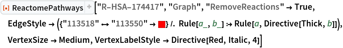 ResourceFunction["ReactomePathways"]["R-HSA-174417", "Graph", "RemoveReactions" -> True, EdgeStyle -> ({"113518" \[DirectedEdge] "113550" -> RGBColor[
      1, 0, 0]} /. Rule[a_, b_] :> Rule[a, Directive[Thick, b]]), VertexSize -> Medium, VertexLabelStyle -> Directive[Red, Italic, 4]] 