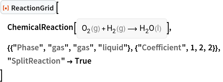 ResourceFunction["ReactionGrid"][
 ChemicalReaction[<|ChemicalFormula[{"O" -> 2}, <|"Phase" -> "Gas"|>] -> 1, ChemicalFormula[{"H" -> 2}, <|"Phase" -> "Gas"|>] -> 1|> -> <|ChemicalFormula[{"H" -> 2, "O" -> 1}, <|"Phase" -> "Liquid"|>] -> 1|>],
 {{"Phase", "gas", "gas", "liquid"}, {"Coefficient", 1, 2, 2}},
 "SplitReaction" -> True
 ]