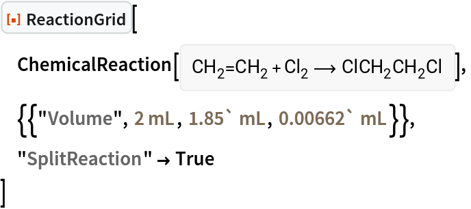 ResourceFunction["ReactionGrid"][
 ChemicalReaction[<|Entity["Chemical", "Ethylene"] -> 1, Entity["Chemical", "MolecularChlorine"] -> 1|> -> <|Entity[
     "Chemical", "1,2Dichloroethane"] -> 1|>],
 {{"Volume", Quantity[2, "Milliliters"], Quantity[1.85`, "Milliliters"], Quantity[0.00662`, "Milliliters"]}},
 "SplitReaction" -> True
 ]