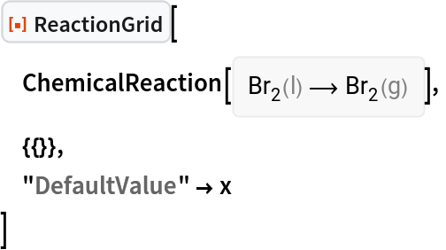 ResourceFunction["ReactionGrid"][
 ChemicalReaction[<|ChemicalFormula[{"Br" -> 2}, <|"Phase" -> "Liquid"|>] -> 1|> -> <|ChemicalFormula[{"Br" -> 2}, <|"Phase" -> "Gas"|>] -> 1|>],
 {{}},
 "DefaultValue" -> x
 ]