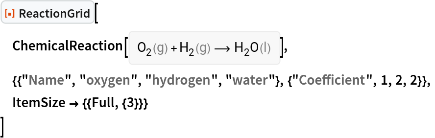 ResourceFunction["ReactionGrid"][
 ChemicalReaction[<|ChemicalFormula[{"O" -> 2}, <|"Phase" -> "Gas"|>] -> 1, ChemicalFormula[{"H" -> 2}, <|"Phase" -> "Gas"|>] -> 1|> -> <|ChemicalFormula[{"H" -> 2, "O" -> 1}, <|"Phase" -> "Liquid"|>] -> 1|>],
 {{"Name", "oxygen", "hydrogen", "water"}, {"Coefficient", 1, 2, 2}},
 ItemSize -> {{Full, {3}}}
 ]