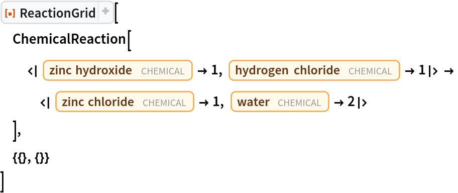 ResourceFunction["ReactionGrid"][
 ChemicalReaction[
  <|Entity["Chemical", "ZincHydroxide"] -> 1, Entity["Chemical", "HydrogenChloride"] -> 1|> ->
   <|Entity["Chemical", "ZincChloride"] -> 1, Entity["Chemical", "Water"] -> 2|>
  ],
 {{}, {}}
 ]