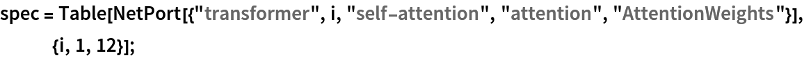 spec = Table[
   NetPort[{"transformer", i, "self-attention", "attention", "AttentionWeights"}], {i, 1, 12}];