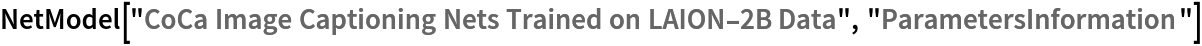 NetModel["CoCa Image Captioning Nets Trained on LAION-2B Data", "ParametersInformation"]