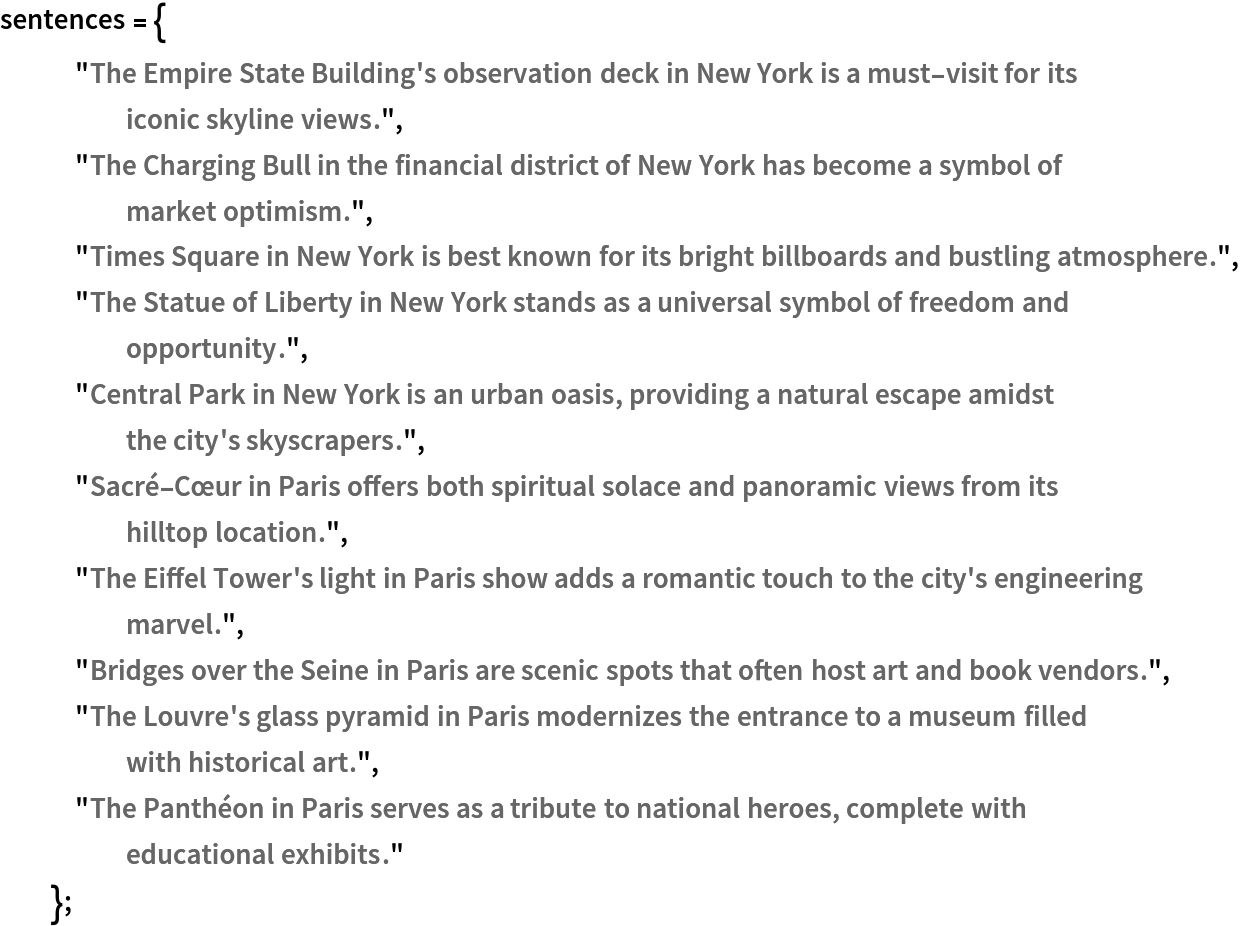 sentences = {
   "The Empire State Building's observation deck in New York is a must-visit for its iconic skyline views.",
   "The Charging Bull in the financial district of New York has become a symbol of market optimism.",
   "Times Square in New York is best known for its bright billboards and bustling atmosphere.",
   "The Statue of Liberty in New York stands as a universal symbol of freedom and opportunity.",
   "Central Park in New York is an urban oasis, providing a natural escape amidst the city's skyscrapers.",
   "Sacré-Cœur in Paris offers both spiritual solace and panoramic views from its hilltop location.",
   "The Eiffel Tower's light in Paris show adds a romantic touch to the city's engineering marvel.",
   "Bridges over the Seine in Paris are scenic spots that often host art and book vendors.",
   "The Louvre's glass pyramid in Paris modernizes the entrance to a museum filled with historical art.",
   "The Panthéon in Paris serves as a tribute to national heroes, complete with educational exhibits."
   };