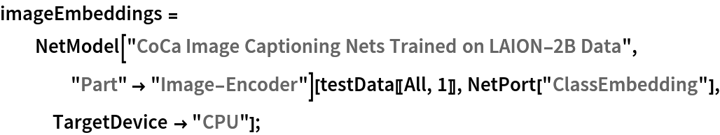 imageEmbeddings = NetModel["CoCa Image Captioning Nets Trained on LAION-2B Data", "Part" -> "Image-Encoder"][testData[[All, 1]], NetPort["ClassEmbedding"], TargetDevice -> "CPU"];