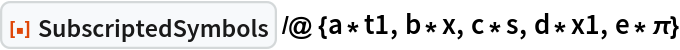 ResourceFunction[
 "SubscriptedSymbols"] /@ {a*t1, b*x, c*s, d*x1, e*\[Pi]}