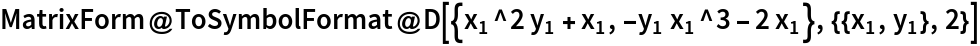 MatrixForm@
 ToSymbolFormat@
  D[{Subscript[x, 1]^2 Subscript[y, 1] + Subscript[x, 1], -Subscript[y, 1] Subscript[x, 1]^3 - 2 Subscript[x, 1]}, {{Subscript[x, 1], Subscript[y, 1]}, 2}]