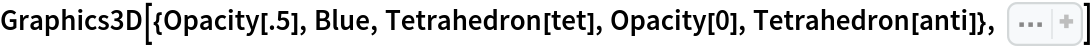 Graphics3D[{Opacity[.5], Blue, Tetrahedron[tet], Opacity[0], Tetrahedron[anti]}, Sequence[
 Boxed -> False, ImageSize -> Small, SphericalRegion -> True]]