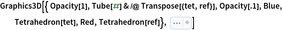 Graphics3D[{ Opacity[1], Tube[#] & /@ Transpose[{tet, ref}], Opacity[.1], Blue, Tetrahedron[tet], Red, Tetrahedron[ref]}, Sequence[
 Boxed -> False, ImageSize -> Small, SphericalRegion -> True]]