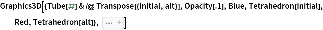 Graphics3D[{Tube[#] & /@ Transpose[{initial, alt}], Opacity[.1], Blue,
   Tetrahedron[initial], Red, Tetrahedron[alt]}, Sequence[
 Boxed -> False, ImageSize -> Small, SphericalRegion -> True]]