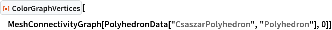 ResourceFunction["ColorGraphVertices"][
 MeshConnectivityGraph[
  PolyhedronData["CsaszarPolyhedron", "Polyhedron"], 0]]