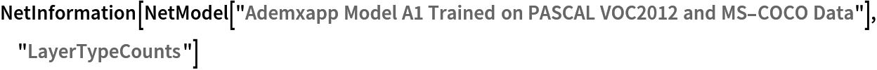 NetInformation[
 NetModel[
  "Ademxapp Model A1 Trained on PASCAL VOC2012 and MS-COCO Data"], "LayerTypeCounts"]