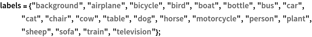 labels = {"background", "airplane", "bicycle", "bird", "boat", "bottle", "bus", "car", "cat", "chair", "cow", "table", "dog", "horse", "motorcycle", "person", "plant", "sheep", "sofa", "train",
    "television"};