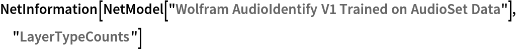 NetInformation[
 NetModel[
  "Wolfram AudioIdentify V1 Trained on AudioSet Data"], "LayerTypeCounts"]