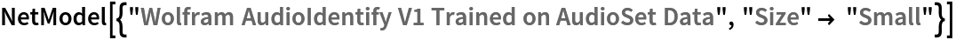 NetModel[{"Wolfram AudioIdentify V1 Trained on AudioSet Data", "Size" -> "Small"}]