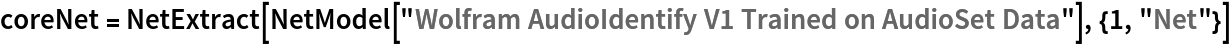 coreNet = NetExtract[
  NetModel["Wolfram AudioIdentify V1 Trained on AudioSet Data"], {1, "Net"}]