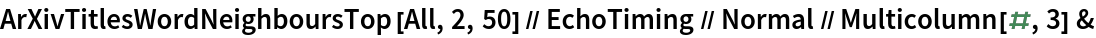 ArXivTitlesWordNeighboursTop[All, 2, 50] // EchoTiming // Normal // Multicolumn[#, 3] &