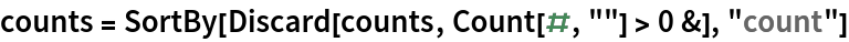counts = SortBy[Discard[counts, Count[#, ""] > 0 &], "count"]