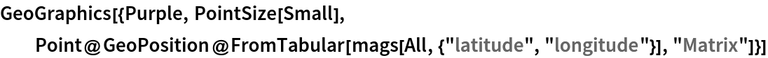 GeoGraphics[{Purple, PointSize[Small], Point@GeoPosition@
    FromTabular[mags[All, {"latitude", "longitude"}], "Matrix"]}]