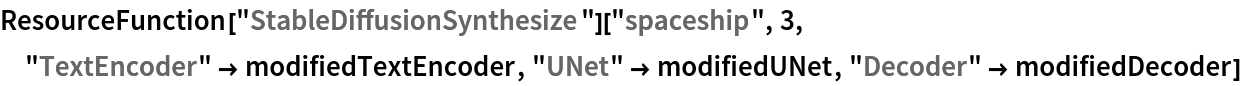 ResourceFunction["StableDiffusionSynthesize"]["spaceship", 3, "TextEncoder" -> modifiedTextEncoder, "UNet" -> modifiedUNet, "Decoder" -> modifiedDecoder]