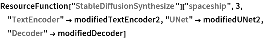 ResourceFunction["StableDiffusionSynthesize"]["spaceship", 3, "TextEncoder" -> modifiedTextEncoder2, "UNet" -> modifiedUNet2, "Decoder" -> modifiedDecoder]