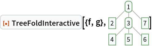 ResourceFunction["TreeFoldInteractive"][{f, g}, \!\(\*
GraphicsBox[
NamespaceBox["Trees",
DynamicModuleBox[{Typeset`tree = HoldComplete[
Tree[1, {
Tree[2, None], 
Tree[3, {
Tree[4, None], 
Tree[5, None], 
Tree[6, None]}], 
Tree[7, None]}]]}, 
NamespaceBox[{
{Hue[0.6, 0.7, 0.5], Opacity[0.7], Arrowheads[Medium], 
{RGBColor[0.6, 0.5882352941176471, 0.5529411764705883], AbsoluteThickness[1], LineBox[{{0.7745966692414834, 1.546714629141394}, {0., 0.773357314570697}}]}, 
{RGBColor[0.6, 0.5882352941176471, 0.5529411764705883], AbsoluteThickness[1], LineBox[{{0.7745966692414834, 1.546714629141394}, {
           0.7745966692414834, 0.773357314570697}}]}, 
{RGBColor[0.6, 0.5882352941176471, 0.5529411764705883], AbsoluteThickness[1], LineBox[{{0.7745966692414834, 1.546714629141394}, {
           1.5491933384829668`, 0.773357314570697}}]}, 
{RGBColor[0.6, 0.5882352941176471, 0.5529411764705883], AbsoluteThickness[1], LineBox[{{0.7745966692414834, 0.773357314570697}, {0., 0.}}]}, 
{RGBColor[0.6, 0.5882352941176471, 0.5529411764705883], AbsoluteThickness[1], LineBox[{{0.7745966692414834, 0.773357314570697}, {
           0.7745966692414834, 0.}}]}, 
{RGBColor[0.6, 0.5882352941176471, 0.5529411764705883], AbsoluteThickness[1], LineBox[{{0.7745966692414834, 0.773357314570697}, {
           1.5491933384829668`, 0.}}]}}, 
{Hue[0.6, 0.2, 0.8], EdgeForm[{GrayLevel[0], Opacity[0.7]}], 
TagBox[InsetBox[
FrameBox["1",
Background->Directive[
RGBColor[0.9607843137254902, 0.9882352941176471, 0.9764705882352941]],
            
BaseStyle->GrayLevel[0],
FrameMargins->{{2, 2}, {1, 1}},
FrameStyle->Directive[
RGBColor[0.4196078431372549, 0.6313725490196078, 0.4196078431372549], AbsoluteThickness[1], 
Opacity[1]],
ImageSize->Automatic,
RoundingRadius->4,
StripOnInput->False], {0.7745966692414834, 1.546714629141394}],
"DynamicName",
BoxID -> "VertexID$1"], 
TagBox[InsetBox[
FrameBox["2",
Background->Directive[
RGBColor[0.9607843137254902, 0.9882352941176471, 0.9764705882352941]],
            
BaseStyle->GrayLevel[0],
FrameMargins->{{2, 2}, {1, 1}},
FrameStyle->Directive[
RGBColor[0.4196078431372549, 0.6313725490196078, 0.4196078431372549], AbsoluteThickness[1], 
Opacity[1]],
ImageSize->Automatic,
RoundingRadius->0,
StripOnInput->False], {0., 0.773357314570697}],
"DynamicName",
BoxID -> "VertexID$2"], 
TagBox[InsetBox[
FrameBox["3",
Background->Directive[
RGBColor[0.9607843137254902, 0.9882352941176471, 0.9764705882352941]],
            
BaseStyle->GrayLevel[0],
FrameMargins->{{2, 2}, {1, 1}},
FrameStyle->Directive[
RGBColor[0.4196078431372549, 0.6313725490196078, 0.4196078431372549], AbsoluteThickness[1], 
Opacity[1]],
ImageSize->Automatic,
RoundingRadius->4,
StripOnInput->False], {0.7745966692414834, 0.773357314570697}],
"DynamicName",
BoxID -> "VertexID$3"], 
TagBox[InsetBox[
FrameBox["4",
Background->Directive[
RGBColor[0.9607843137254902, 0.9882352941176471, 0.9764705882352941]],
            
BaseStyle->GrayLevel[0],
FrameMargins->{{2, 2}, {1, 1}},
FrameStyle->Directive[
RGBColor[0.4196078431372549, 0.6313725490196078, 0.4196078431372549], AbsoluteThickness[1], 
Opacity[1]],
ImageSize->Automatic,
RoundingRadius->0,
StripOnInput->False], {0., 0.}],
"DynamicName",
BoxID -> "VertexID$4"], 
TagBox[InsetBox[
FrameBox["5",
Background->Directive[
RGBColor[0.9607843137254902, 0.9882352941176471, 0.9764705882352941]],
            
BaseStyle->GrayLevel[0],
FrameMargins->{{2, 2}, {1, 1}},
FrameStyle->Directive[
RGBColor[0.4196078431372549, 0.6313725490196078, 0.4196078431372549], AbsoluteThickness[1], 
Opacity[1]],
ImageSize->Automatic,
RoundingRadius->0,
StripOnInput->False], {0.7745966692414834, 0.}],
"DynamicName",
BoxID -> "VertexID$5"], 
TagBox[InsetBox[
FrameBox["6",
Background->Directive[
RGBColor[0.9607843137254902, 0.9882352941176471, 0.9764705882352941]],
            
BaseStyle->GrayLevel[0],
FrameMargins->{{2, 2}, {1, 1}},
FrameStyle->Directive[
RGBColor[0.4196078431372549, 0.6313725490196078, 0.4196078431372549], AbsoluteThickness[1], 
Opacity[1]],
ImageSize->Automatic,
RoundingRadius->0,
StripOnInput->False], {1.5491933384829668, 0.}],
"DynamicName",
BoxID -> "VertexID$6"], 
TagBox[InsetBox[
FrameBox["7",
Background->Directive[
RGBColor[0.9607843137254902, 0.9882352941176471, 0.9764705882352941]],
            
BaseStyle->GrayLevel[0],
FrameMargins->{{2, 2}, {1, 1}},
FrameStyle->Directive[
RGBColor[0.4196078431372549, 0.6313725490196078, 0.4196078431372549], AbsoluteThickness[1], 
Opacity[1]],
ImageSize->Automatic,
RoundingRadius->0,
StripOnInput->False], {1.5491933384829668, 0.773357314570697}],
"DynamicName",
BoxID -> "VertexID$7"]}}]]],
AlignmentPoint->Center,
Axes->False,
AxesLabel->None,
AxesOrigin->Automatic,
AxesStyle->{},
Background->None,
BaseStyle->{},
BaselinePosition->Automatic,
ContentSelectable->Automatic,
DefaultBaseStyle->"TreeGraphics",
Epilog->{},
FormatType->StandardForm,
Frame->False,
FrameLabel->FormBox["False", StandardForm],
FrameStyle->{},
FrameTicks->None,
FrameTicksStyle->{},
GridLines->None,
GridLinesStyle->{},
ImageMargins->0.,
ImagePadding->All,
ImageSize->{59.25, Automatic},
LabelStyle->{},
PlotLabel->None,
PlotRange->All,
PlotRangeClipping->False,
PlotRangePadding->Automatic,
PlotRegion->Automatic,
Prolog->{},
RotateLabel->True,
Ticks->Automatic,
TicksStyle->{}]\)]