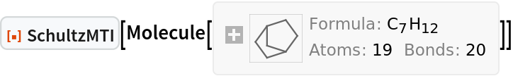 ResourceFunction["SchultzMTI"][
Molecule[{"C", "C", "C", "C", "C", "C", "C", "H", "H", "H", "H", "H", "H", "H", "H", "H", "H", "H", "H"}, {
Bond[{1, 2}, "Single"], 
Bond[{2, 3}, "Single"], 
Bond[{3, 4}, "Single"], 
Bond[{4, 5}, "Single"], 
Bond[{5, 6}, "Single"], 
Bond[{6, 7}, "Single"], 
Bond[{6, 1}, "Single"], 
Bond[{7, 3}, "Single"], 
Bond[{1, 8}, "Single"], 
Bond[{1, 9}, "Single"], 
Bond[{2, 10}, "Single"], 
Bond[{2, 11}, "Single"], 
Bond[{3, 12}, "Single"], 
Bond[{4, 13}, "Single"], 
Bond[{4, 14}, "Single"], 
Bond[{5, 15}, "Single"], 
Bond[{5, 16}, "Single"], 
Bond[{6, 17}, "Single"], 
Bond[{7, 18}, "Single"], 
Bond[{7, 19}, "Single"]}, {}]]