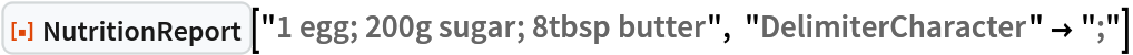 ResourceFunction[
 "NutritionReport"]["1 egg; 200g sugar; 8tbsp butter", "DelimiterCharacter" -> ";"]