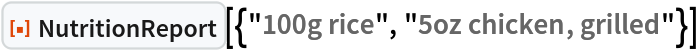 ResourceFunction[
 "NutritionReport"][{"100g rice", "5oz chicken, grilled"}]