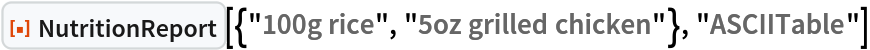 ResourceFunction[
 "NutritionReport"][{"100g rice", "5oz grilled chicken"}, "ASCIITable"]
